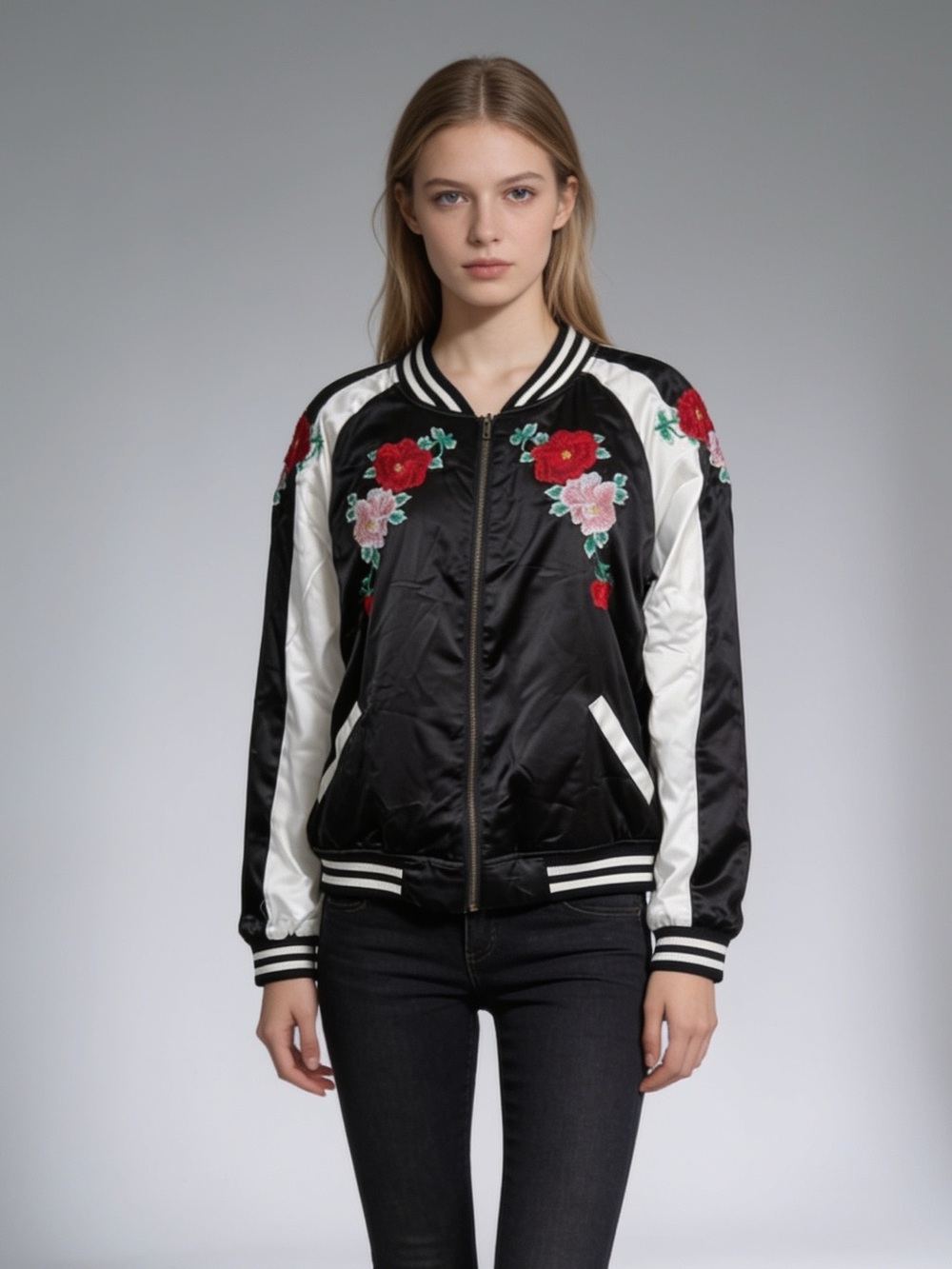 NWT Aqua Capsule Maddie & Tae Floral Embroidered Satin Bomber Jacket XS
